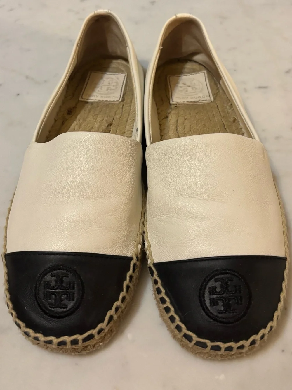 Tory Burch Cream and Black Slip-On Espadrilles, Size 9